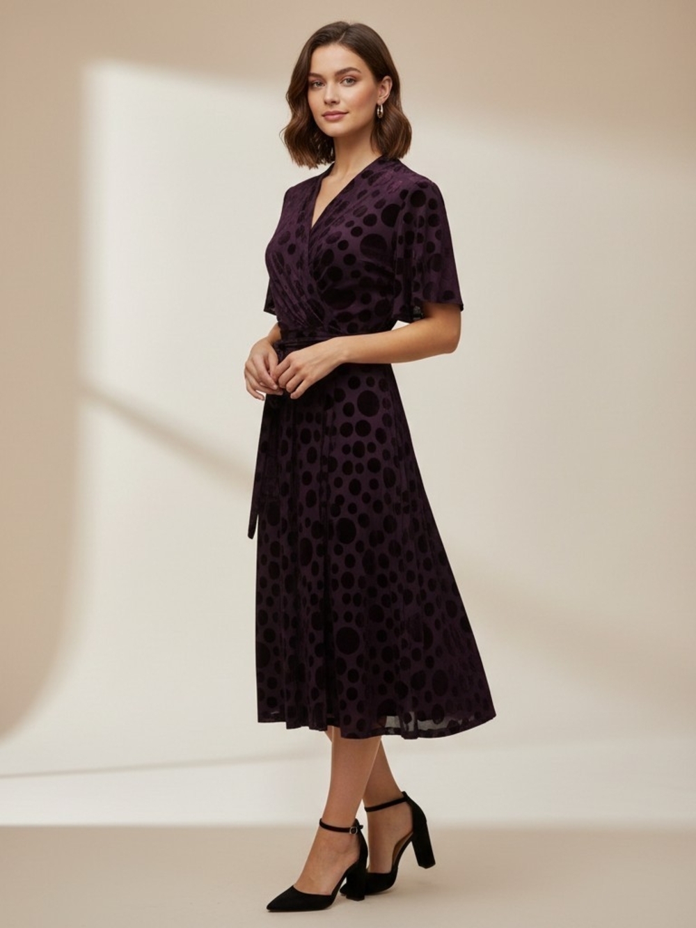 NWT Tommy Hilfiger Purple Velvet Polka Dot Faux Wrap Midi Dress Size 10